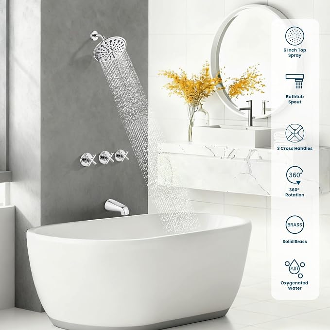 gotonovo 3 Handle Tub Shower Faucet Set, Tub and Shower Faucet Combo,Bathtub Faucet Set with 6 Settings Shower Head and Waterfall Tub Spout, Tub and Shower Trim Kit, Tub Shower Fixture Polished Chrome - Image 3