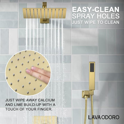 Lava Odoro Modern 3-Setting Square Shower and Tub Faucet Set with Shower Head and Handheld Sprayer Gold, Rainfall Shower System with Tub Spout, Shower Valve Trim Kit, Brushed Gold, SF103-SG-T - Image 4