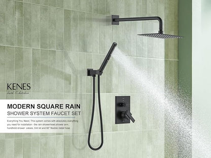 KENES Matte Black Rainfall Bathroom Shower System Rain Shower Head and Handle Set, Shower Faucet Set with 10-Inch Rain Showerhead and Handheld Spray, (Shower Valve Included), LJ-6026A-2 - Image 2