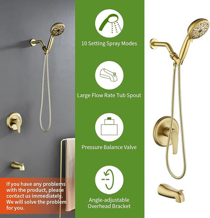 Tub Shower Faucet Set with 10 Spray Handheld Shower Brushed Gold Shower Head and Handle Set Shower System with Tub Spout 4.7 Inch Shower Handheld Shower Fixtures Tub and Shower Trim Kit - Image 2