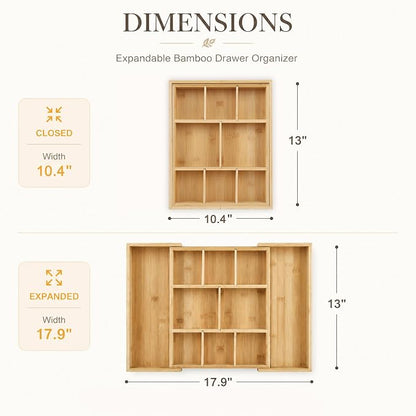 Bamboo Drawer Organizer Expandable Desk Storage Set, 10 Adjustable Compartment - Image 2
