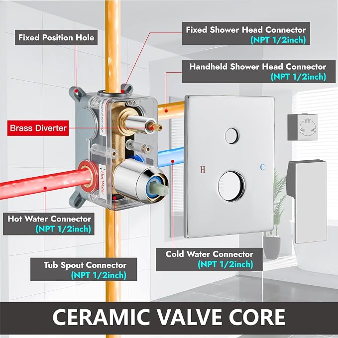 Midanya Shower System with Tub Spout,Bathtub Shower Faucet Set with Square Rainfall Head and Handheld Sprayer Wall Mount Tub Faucet Set with Valve and Trim Kit,8 Inch Polish Chrome - Image 6