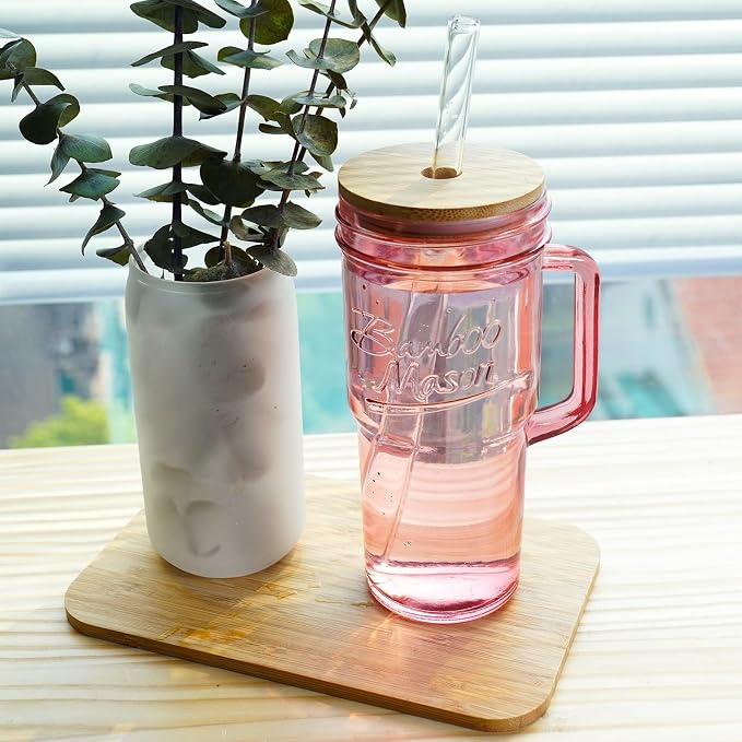 ANOTION Glass Cups with Handle, 24oz Glass Cups with Lids and Straws Travel Coffee Mug Bamboo Mason Jar Iced Cup Smoothie Tea Clear Cute Water Drinking Jars Glasses - Image 5