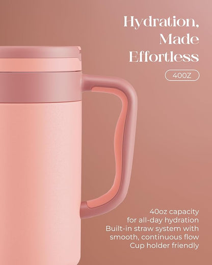 40 oz Insulated Tumbler with Handle and Push-Button Straw Lid, Stainless Steel Travel Cup for Gym Office, Leakproof, BPA-Free, Cup Holder Friendly, Bow Silicone Boot, (Peach Roasted) - Image 5