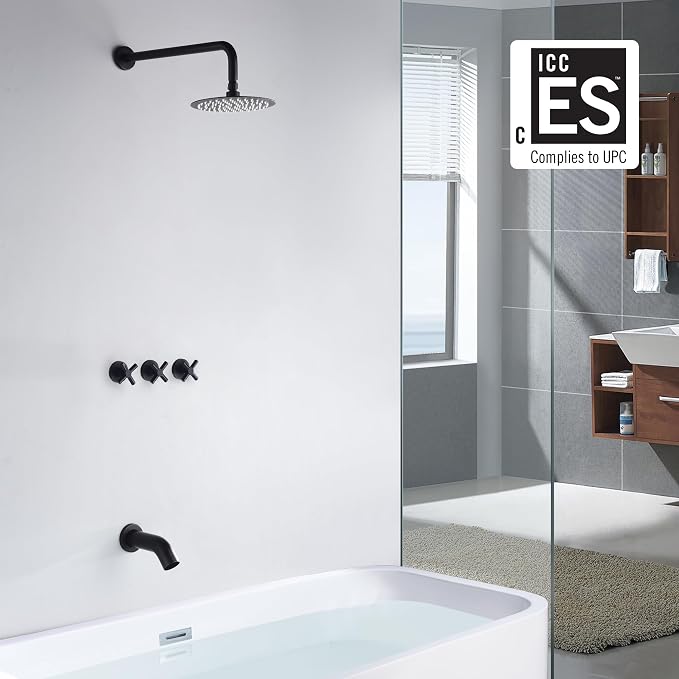 3 Handle Tub Shower Faucet,Matte Black Bathtub Faucet Set with Waterfall Tub Spout,Tub and Shower Trim Kit with Valve,SUMERAIN - Image 2