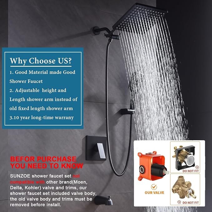 Shower Faucet Set with Tub Spout Matte Black 10 Inch Rainfall Shower with 4 Setting Spray Mixer Shower System Modern Luxury Wall Mounted Tub Shower Faucet Set Rough-in Valve Body (Matte Black) - Image 2