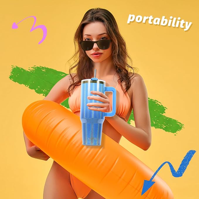 30 oz Shiny Tumbler with Handle and Straw,Stainless Steel Tumbler with Lid and Straw,Insulated Travel Mug(Cold for 34 Hours),Water Bottle for Iced Tea,Coffee (Blue) - Image 5