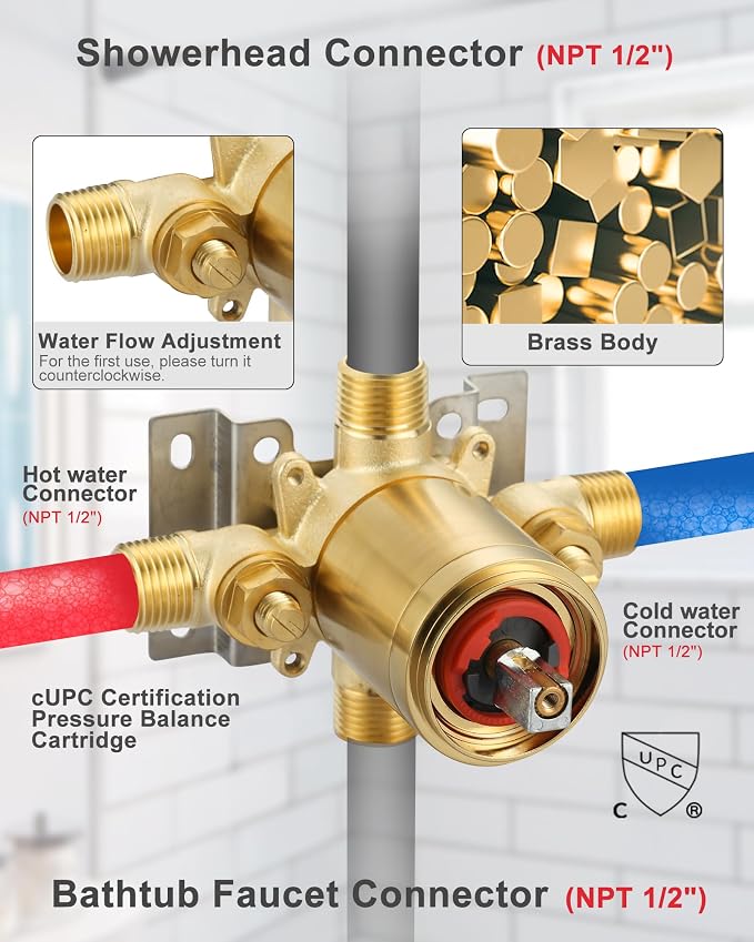 Shower Faucet Set Brushed Gold: Single Handle Bathtub Trim Kit with 6 Inch Rain Shower Head and Tub Spout, High Pressure Faucet Set for Bathtub (Brass Valve Included) - Image 4