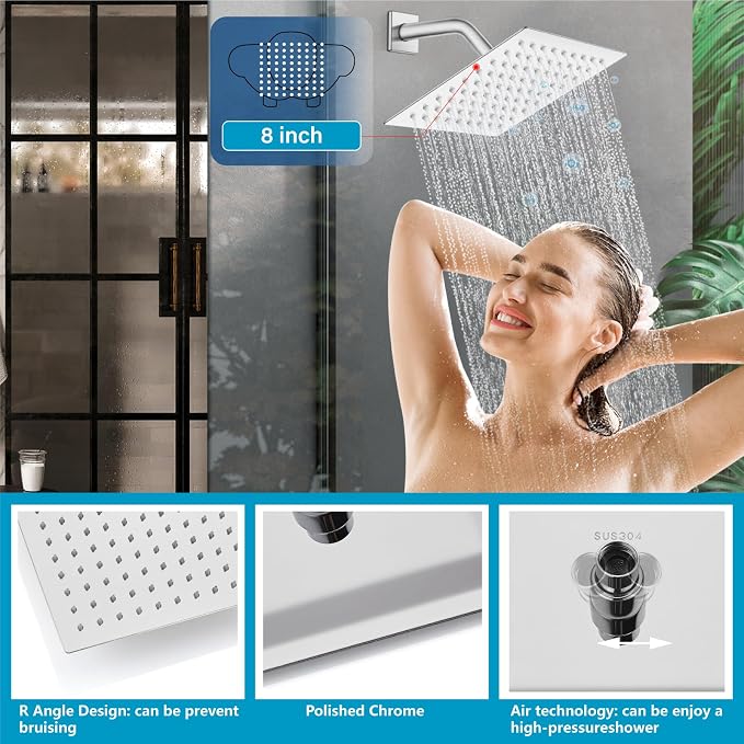 Midanya 3 Handle Tub Shower Faucet with Tub Spout,8-inch Rainfall Bathtub Rain Shower Faucet Set and Rough-in Valve Wall Mount Bathroom Trim Kit Shower System, Square Shower Head Polish Chrome - Image 2