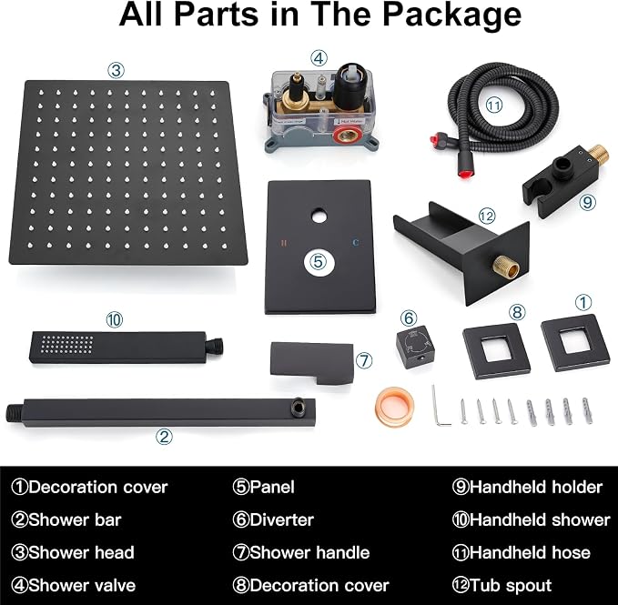 Midanya Rain Shower System Tub Shower Faucet Set Square Rainfall Waterfall Shower Head with Handheld Sprayer Tub Spout Combo Wall Mounted bathtub faucet set Rough-in Valve, 12 Inch Matte Black - Image 9