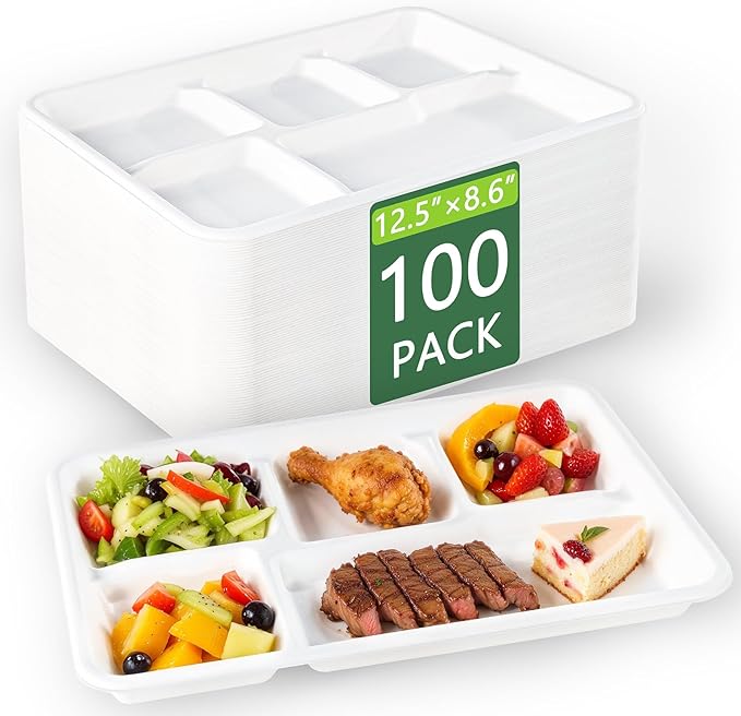 WELLIFE 100% Compostable 5 Compartment Paper Plates, 100 Pack Disposable School by WELLIFE