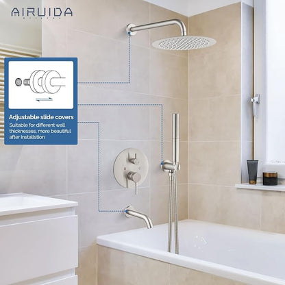 Airuida 3-Function Rain Shower System Set – Wall Mount Tub Shower Combo with Handheld Shower and Tub Spout,12 Inch Shower Head,Brushed Nickel - Image 2