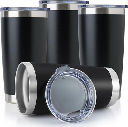 DOMICARE 20oz Stainless Steel Tumbler Bulk with Lid, Double Wall Vacuum Insulated Travel Mug, Powder Coated Coffee Cup, Powder Black, 4 Pack by VisittheDOMICARE