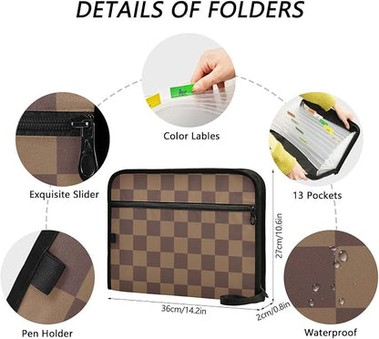 Expanding File Folder Brown Checkerboard Accordion File Organizer 13 Pockets - Image 4