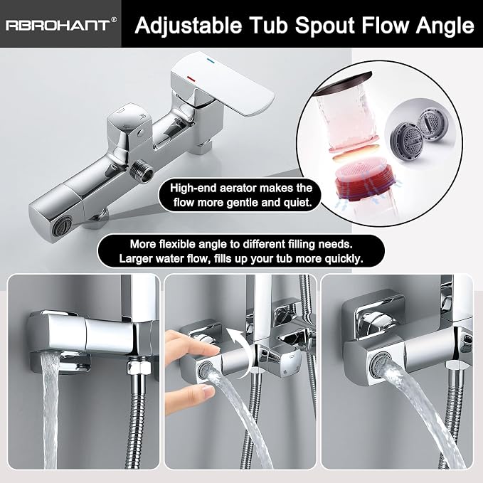 RBROHANT Polished Chrome Exposed Shower System with Tub Spout, Exposed Shower Fixtures for Bathroom with Brass 3-Functional Valve, Height Adjustable, Wall Mounted - Image 5