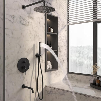 MONDAWE Round Shower Faucet Set with Tub Spout, Wall Mounted Shower System 10 Inch Rainfall Shower Head with Handheld Combo, Matte Black High Pressure Shower Faucets Sets Complete - Image 3