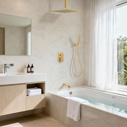 Brushed Gold Shower System with Tub Spout, Ceiling Mounted Bathtub Shower Faucet Set, 12" Rainfall Shower Head and Handheld Shower Combo, High Pressure Shower Fixtures Set with Rough-in Valve - Image 2