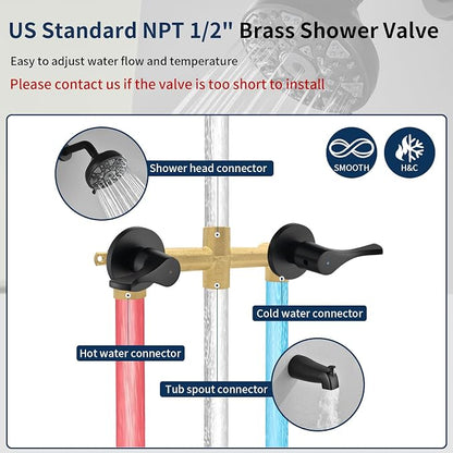 2 Handles Shower Faucet Set with Tub Spout Bathtub Shower Faucet Combo Set Shower System Complete Tub and Shower Trim Kit Wall Mounted Shower Fixtures Matte Black - Image 3
