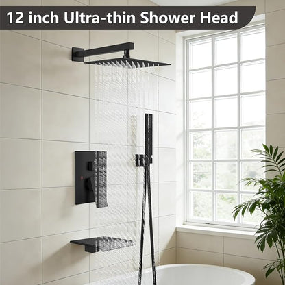 Midanya Shower System with Tub Spout,Bathtub Shower Faucet Set with Square Rainfall Head and Handheld Sprayer Wall Mount Tub Faucet Set with Valve and Trim Kit,12 Inch Matte Black - Image 2