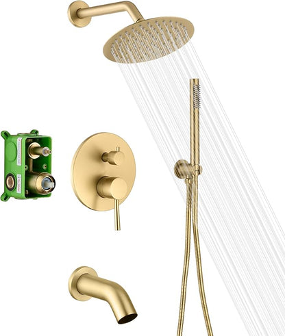 SUMERAIN Shower System with Tub Spout and Handheld Shower, Brass Rain Shower Tub Set with 8 Inches Shower Head and Rough in Valve Brushed Gold by SUMERAINFAUCETS