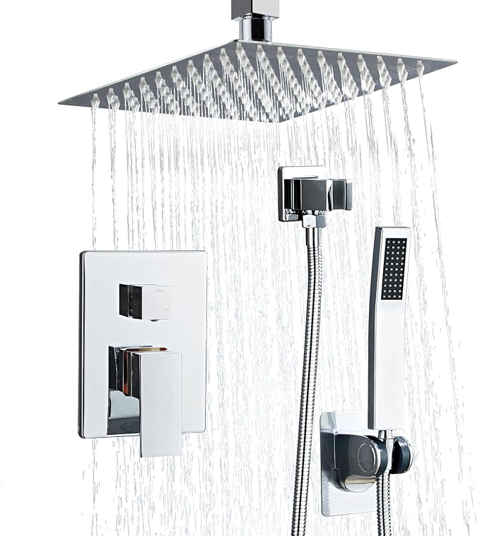 8 Inch Shower Faucet Set Ceiling Mount, High Pressure Rainfall Shower System, Square Rain Shower Head with Handheld Spray Combo, Ceiling Luxury Rainfall Shower Fixtures (L-Style) by RTOBWEYE
