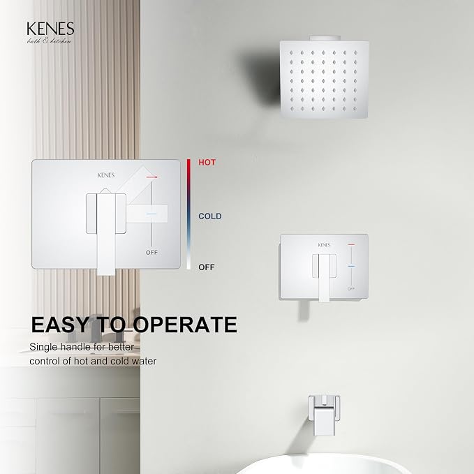 KENES Chrome Tub and Shower Trim Kit, Square Tub Shower Faucet Set Complete with 6-Inch Rainfall Shower Head and Tub Spout, KE-6025A-5 (Shower Valve Included) - Image 4