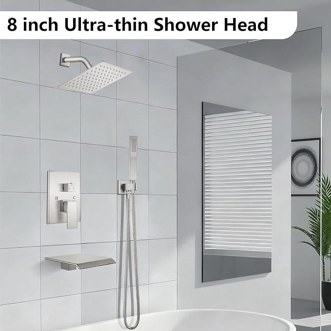 Midanya Shower System with Tub Spout,Bathtub Shower Faucet Set with Square Rainfall Head and Handheld Sprayer Wall Mount Tub Faucet Set with Valve and Trim Kit,8 Inch Brushed Nickel - Image 2