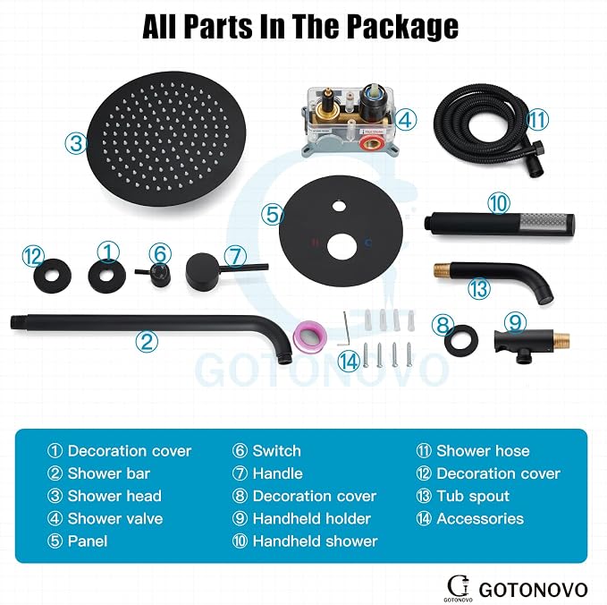 gotonovo Shower System with Tub Spout Wall Mount 3 Function Rough-in Valve Bathtub Shower Faucets Set Complete Rain 10 Inch Round Showerhead Trim Kit Combo, Cylindrical Handheld, Matte Black - Image 9