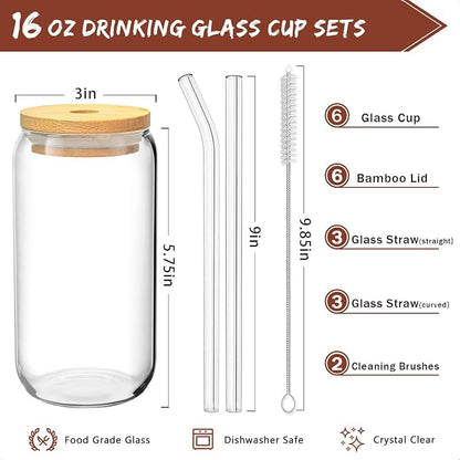 SENTVEND 16 Oz Drinking Glasses with Bamboo Lids and Glass Straw - 8 Pcs Glass Cups Beer Ice Coffee Glasses Cute Aesthetic Cup Great for Coffee Bar Accessories Include 2 Cleaning Brushes - Image 2