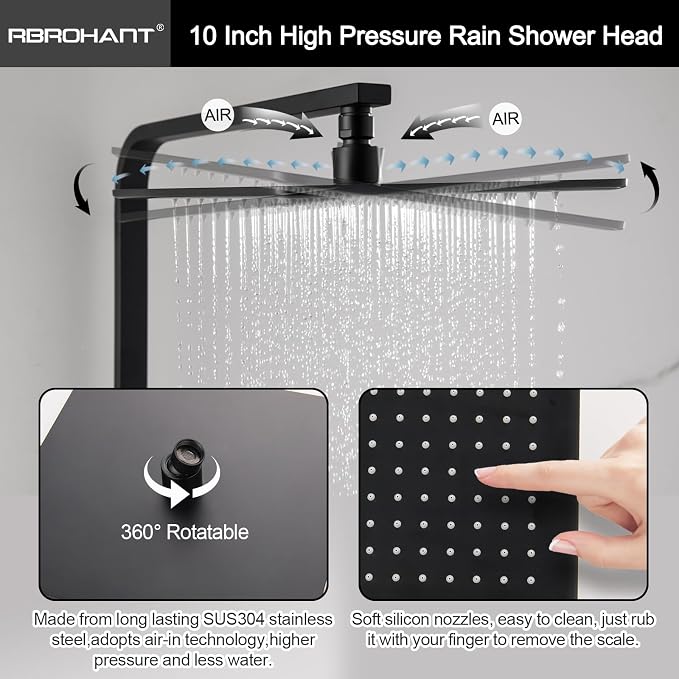 RBROHANT 3 Functions Exposed Shower System, Matte Black Exposed Shower Faucet Set, 10 Inch Rain Shower Head with Handheld and Tub Spout,Shower Height Adjustable, Wall Mounted - Image 6