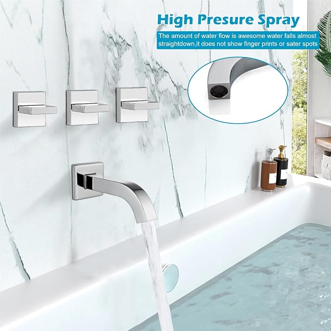 Midanya 3 Handle Tub Shower Faucet with Tub Spout,8-inch Rainfall Bathtub Rain Shower Faucet Set and Rough-in Valve Wall Mount Bathroom Trim Kit Shower System, Square Shower Head Polish Chrome - Image 5