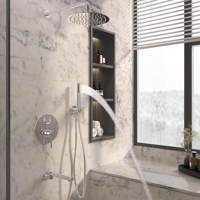 MONDAWE Round Shower Faucets Sets Complete with Tub Spout, Wall Mounted Shower System 10 Inch Rainfall Shower Head with Handheld Combo, Chrome High Pressure Shower Faucet Set - Image 3
