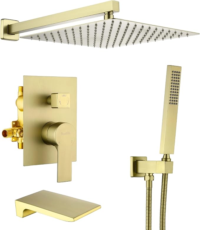 SHAMANDA Shower System with Waterfall Tub Spout and Handheld Shower Head, 12" Rain Shower Faucet Sets Complete with Shower Round-in Valve and Trim Wall Mount, Brushed Gold, L101-3 by SHAMANDA