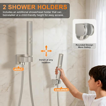 Brushed Nickel Shower System with Tub Spout, Ceiling Mounted Bathtub Shower Faucet Set, 12" Rainfall Shower Head and Handheld Shower Combo, High Pressure Shower Fixtures Set with Rough-in Valve - Image 5