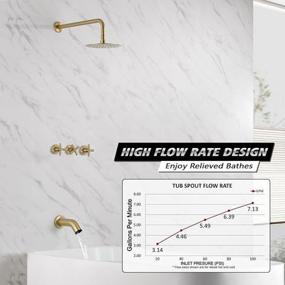 SUMERAIN 3 Handle Tub Shower Faucet Set with Waterfall Tub Spout and 3-Cross Handles, Wall Mounted Rainfall Bathtub Shower Faucet Brushed Gold - Image 3