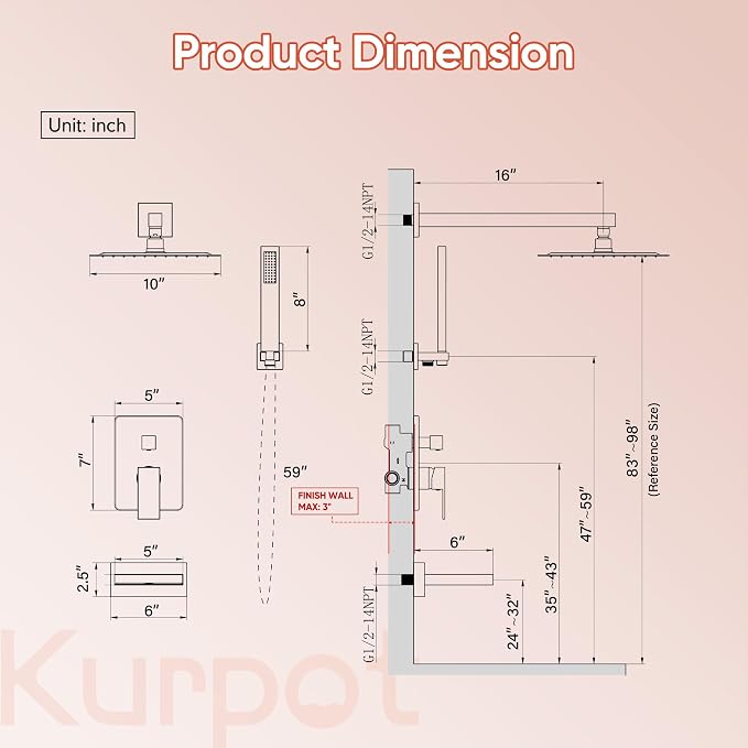 Kurpot Brushed Gold Shower System, All Metal Gold Shower Faucet Set with Tub Spout, 10'' Gold Shower Head with Handheld, 59'' Shower Hose, Shower Valve and Diverter, Wall Mounted Bath Tub Faucet Set - Image 2
