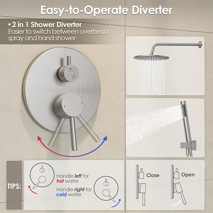 Gabrylly Shower System, Wall Mounted Shower Faucet Set with Shower Valve, High Pressure 10" Rain Shower head with Handheld Spray Combo, 2 Way Rainfall Shower Head Set, Brushed Nickel - Image 5