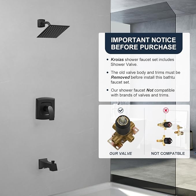 Tub Shower Faucet, Matte Black Shower Faucet Set with 8-Inch Square Rain Shower Head and Tub Spout, Brass Shower System Bathtub Shower Faucet Set Complete, Tub shower faucet set with valve - Image 6