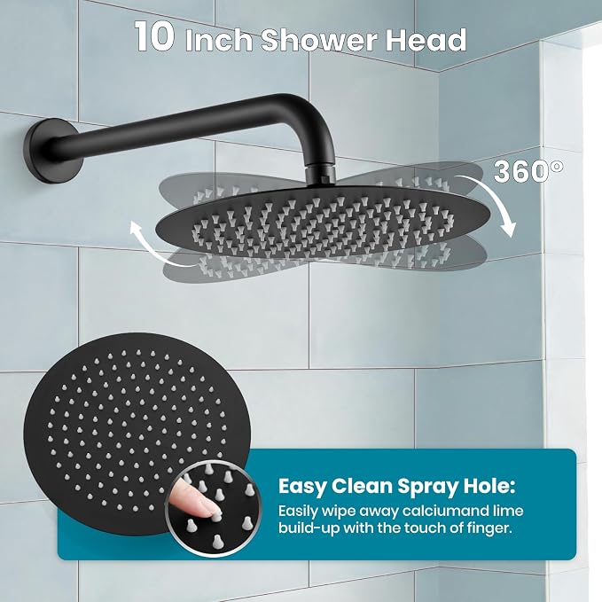 gotonovo Shower System with Tub Spout Wall Mount 3 Function Rough-in Valve Bathtub Shower Faucets Set Complete Rain 10 Inch Round Showerhead Trim Kit Combo, Cylindrical Handheld, Matte Black - Image 5