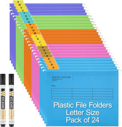24-Pack Plastic Hanging File Folders Letter Size Expandable | Sturdy Document by BOENFU