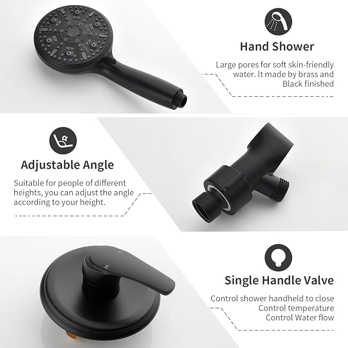 Single-Handle Shower Faucet Set Shower Kit with Valve Shower Trim Kit with 10 Spray Handheld Shower Head System Shower Valve and Trim Kit Matte Black Shower Fixtures - Image 6