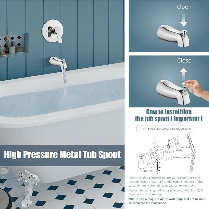 Aolemi Tub Shower Faucet Set With Valve Wall Mount Shower Trim Kit 6 Inch Bathtub Fixtures Rough-in Valve Single-Spray Shower Head System 5.3 Inch Tub Spout Polish Chrome Modern - Image 6