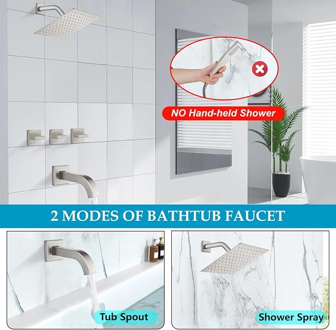 Midanya 3 Handle Tub Shower Faucet with Tub Spout,8-inch Rainfall Bathtub Rain Shower Faucet Set and Rough-in Valve Wall Mount Bathroom Trim Kit Shower System, Square Shower Head Brushed Nickel - Image 4