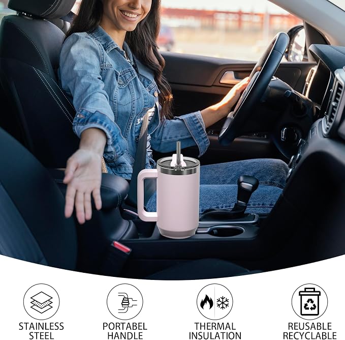 30 oz Tumbler with Handle,Tumbler with Lid and Straw,Double Wall Insulated Cup Stainless Steel Travel Mug(Cold for 34 Hours),Water Bottle for Iced Tea,Coffee,Cold Beverages(Rose Quartz) - Image 6