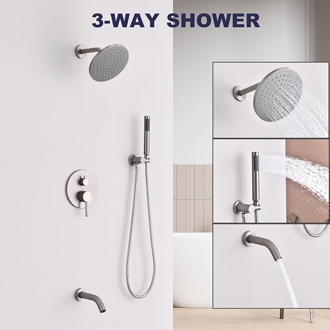 Shower System with Tub Spout, Bathtub Shower Faucet Set, 8" Rain Shower Head and Handheld Spray Combo, Round Shower Head and Handle Set with Tub Spout (Valve Included), Brushed Nickel - Image 4