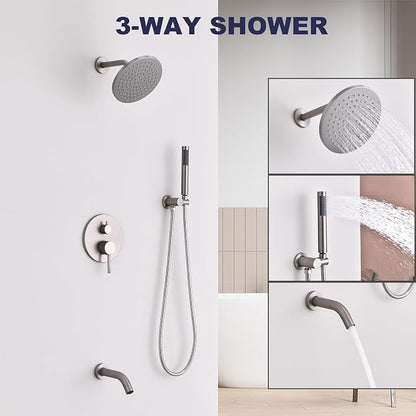 Shower System with Tub Spout, Bathtub Shower Faucet Set, 8" Rain Shower Head and Handheld Spray Combo, Round Shower Head and Handle Set with Tub Spout (Valve Included), Brushed Nickel - Image 4