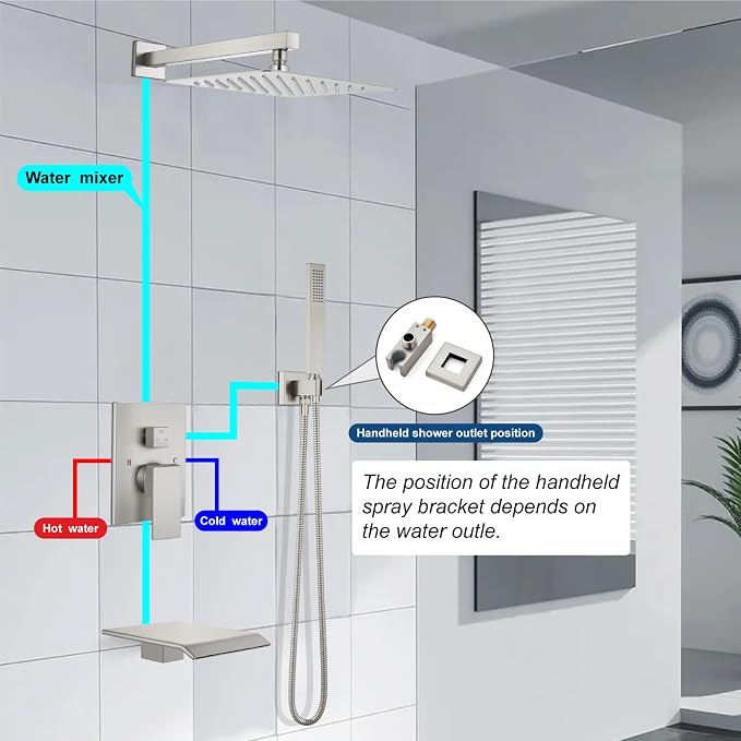 Midanya Rain Shower System with Tub Spout,Tub Shower Faucet Set with rainfall Shower Head and Handheld Spray,Wall Mount Tub Shower Combo Rough-in Valve Included,10 Inch Brushed Nickel - Image 9