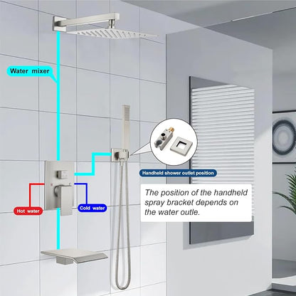 Midanya Rain Shower System with Tub Spout,Tub Shower Faucet Set with rainfall Shower Head and Handheld Spray,Wall Mount Tub Shower Combo Rough-in Valve Included,10 Inch Brushed Nickel - Image 9