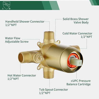 Brushed Gold Shower Faucet Set with Tub Spout Tub and Shower Faucet Set Complete with Handheld Shower Head Shower Combo Set Shower System with Tub Spout Tub and Shower Trim Kit - Image 4