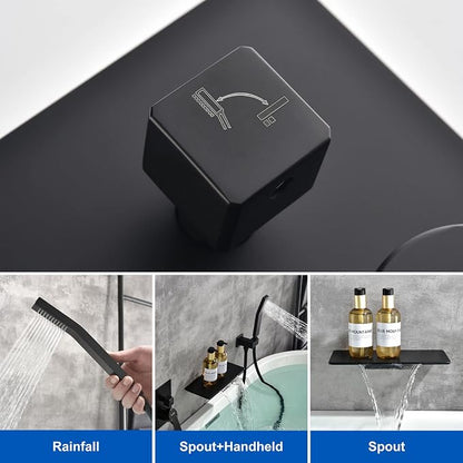 SHAMANDA Waterfall Bathtub Faucet with Sprayer, Wall Mount Tub Filler with Hand Shower, Single Handle Tub Faucet with Handheld Shower Head(Rough-In Valve Body and Trim Included), Matte Black, L902-7 - Image 3